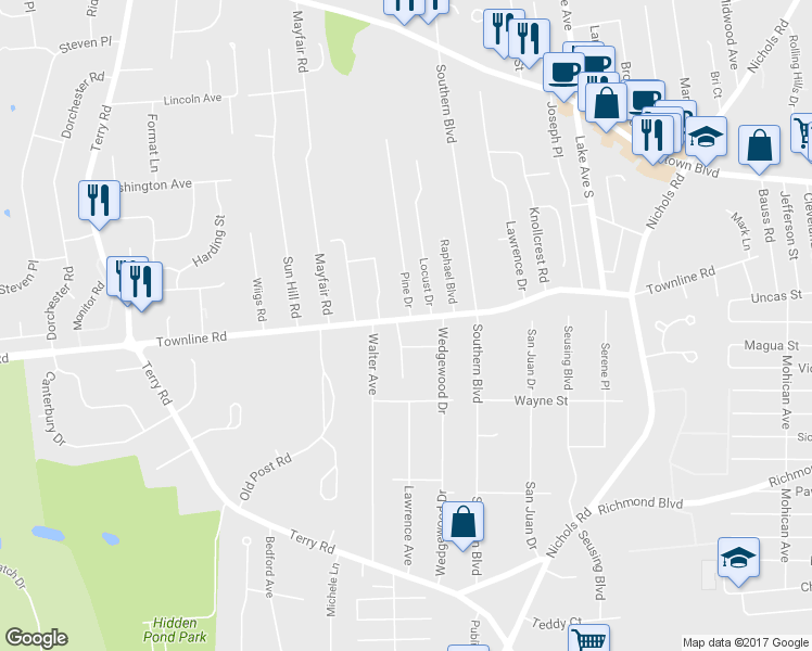 map of restaurants, bars, coffee shops, grocery stores, and more near 1296 Townline Road in Hauppauge