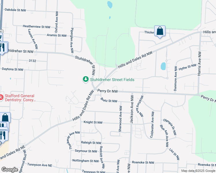 map of restaurants, bars, coffee shops, grocery stores, and more near 3652 Perry Drive Northwest in Massillon
