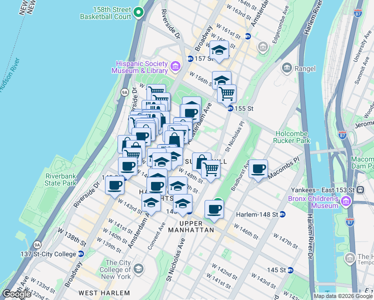 map of restaurants, bars, coffee shops, grocery stores, and more near 1811 Amsterdam Avenue in New York