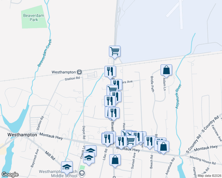 map of restaurants, bars, coffee shops, grocery stores, and more near 91 Old Riverhead Road in Hampton Bays