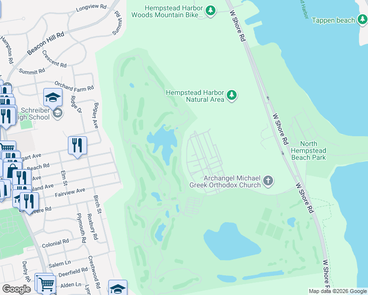 map of restaurants, bars, coffee shops, grocery stores, and more near 101 West Overlook in Port Washington