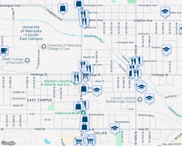 map of restaurants, bars, coffee shops, grocery stores, and more near 1535 North 49th Street in Lincoln