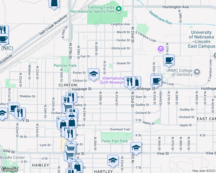 map of restaurants, bars, coffee shops, grocery stores, and more near 3116 Holdrege Street in Lincoln