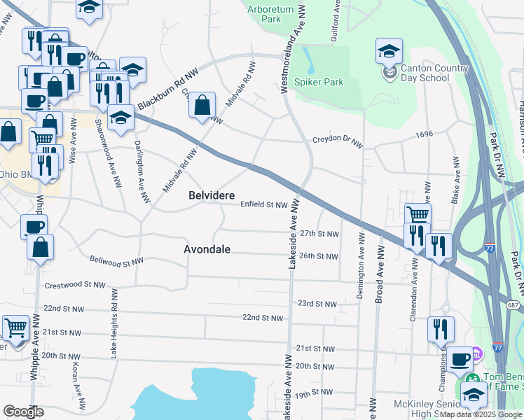 map of restaurants, bars, coffee shops, grocery stores, and more near 3314 Enfield Street Northwest in Canton