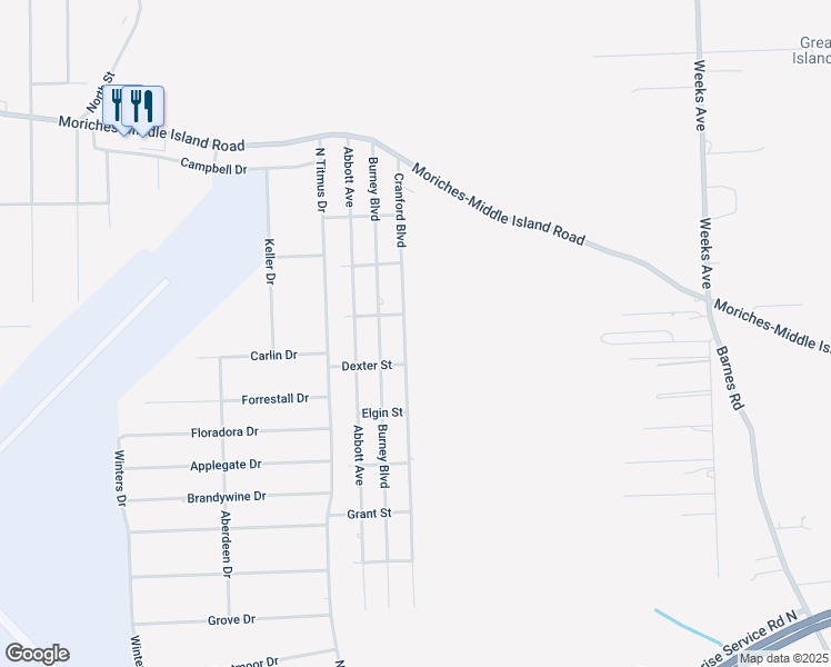 map of restaurants, bars, coffee shops, grocery stores, and more near 135 Cranford Boulevard in Mastic