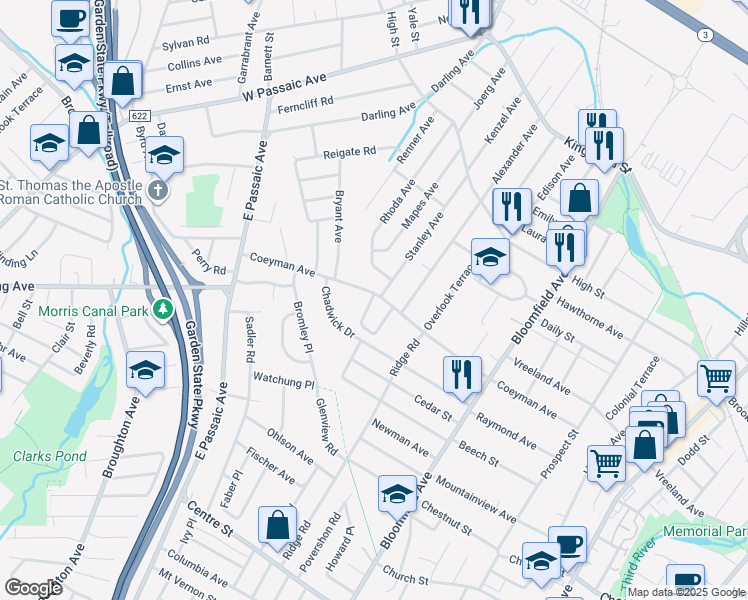 map of restaurants, bars, coffee shops, grocery stores, and more near 132 Stanley Avenue in Nutley