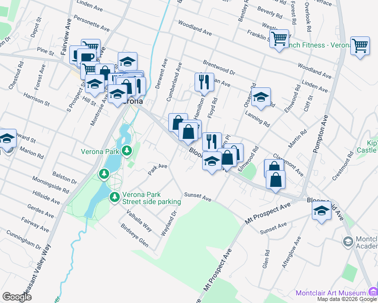 map of restaurants, bars, coffee shops, grocery stores, and more near 360 Bloomfield Avenue in Verona