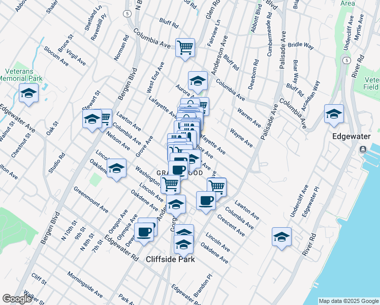 map of restaurants, bars, coffee shops, grocery stores, and more near in Cliffside Park