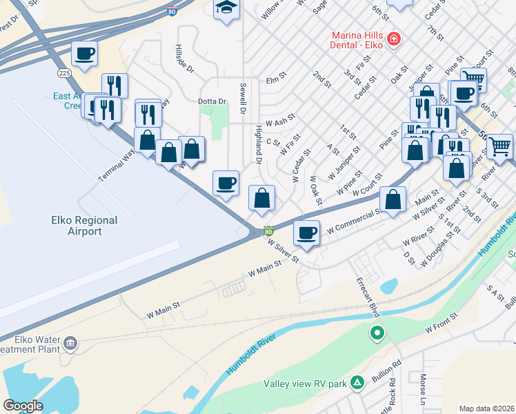 map of restaurants, bars, coffee shops, grocery stores, and more near 674 North Cedar Street in Elko