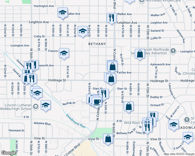 map of restaurants, bars, coffee shops, grocery stores, and more near 6350 Holdrege Street in Lincoln