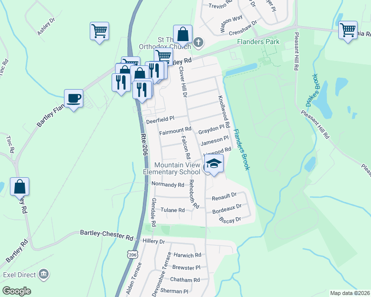 map of restaurants, bars, coffee shops, grocery stores, and more near 12 Falcon Road in Mount Olive