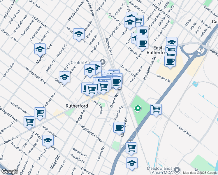 map of restaurants, bars, coffee shops, grocery stores, and more near 44 Park Avenue in Rutherford