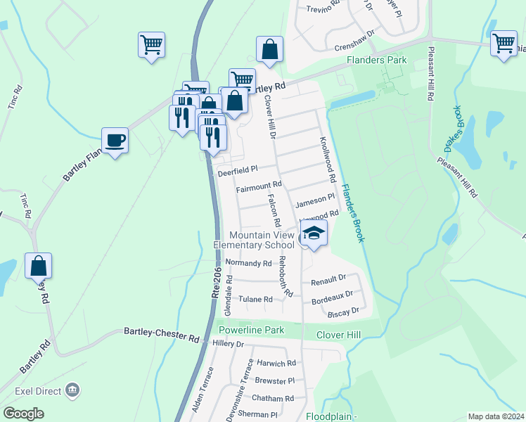 map of restaurants, bars, coffee shops, grocery stores, and more near 7 Hampton Road in Mount Olive
