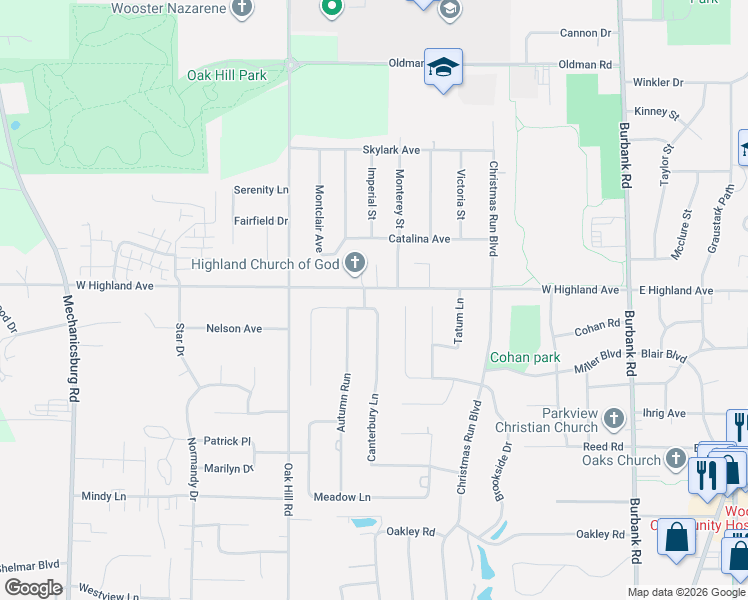 map of restaurants, bars, coffee shops, grocery stores, and more near 629 County Highway 106 in Wooster