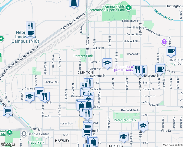 map of restaurants, bars, coffee shops, grocery stores, and more near 1526 North 28th Street in Lincoln