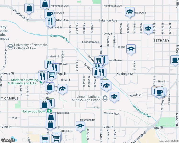 map of restaurants, bars, coffee shops, grocery stores, and more near 1515 David Drive in Lincoln