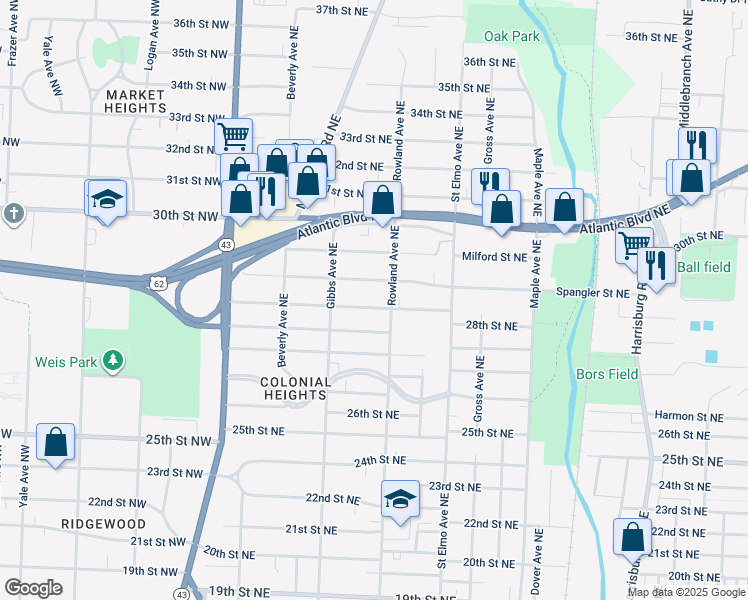 map of restaurants, bars, coffee shops, grocery stores, and more near 1215 29th Street Northeast in Canton