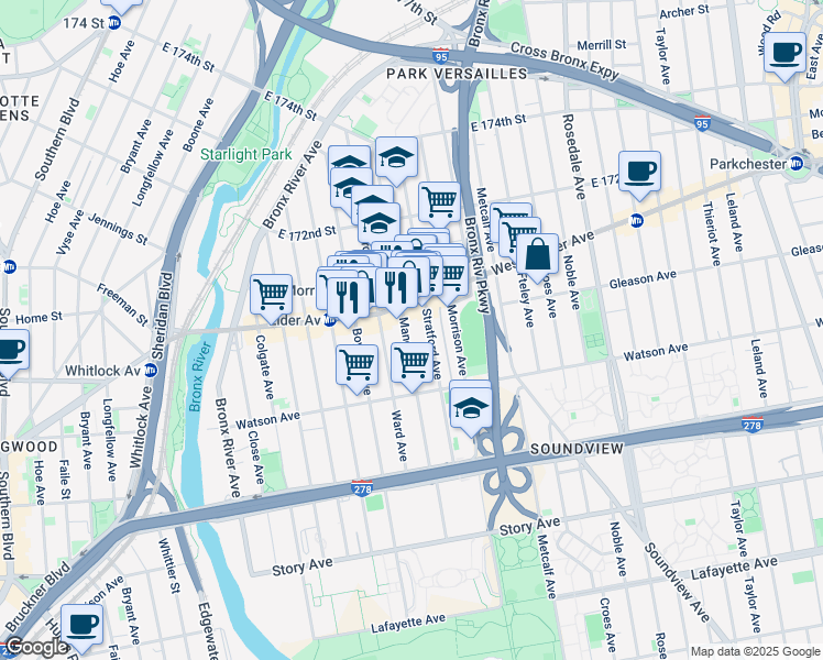 map of restaurants, bars, coffee shops, grocery stores, and more near 1167 Manor Avenue in Bronx