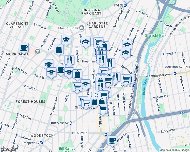 map of restaurants, bars, coffee shops, grocery stores, and more near 927 Home Street in Bronx