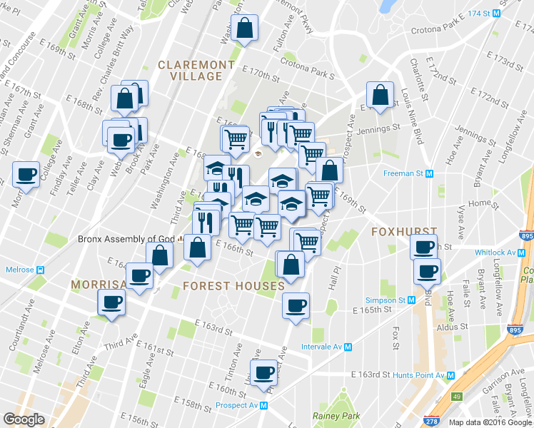 map of restaurants, bars, coffee shops, grocery stores, and more near 1157 Forest Avenue in Bronx
