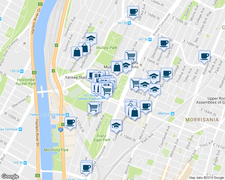 map of restaurants, bars, coffee shops, grocery stores, and more near 903 Gerard Avenue in Bronx