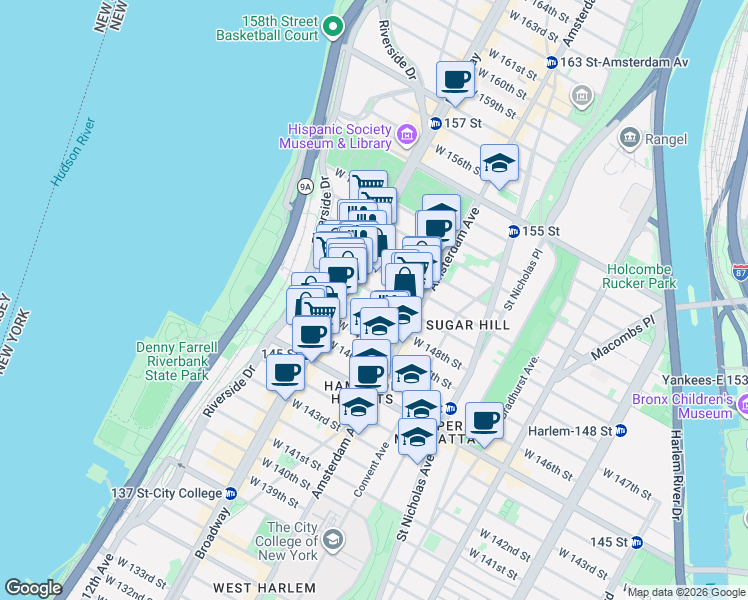 map of restaurants, bars, coffee shops, grocery stores, and more near 531 West 149th Street in New York