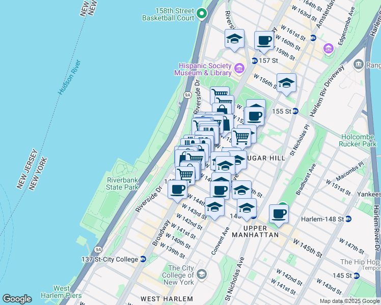 map of restaurants, bars, coffee shops, grocery stores, and more near 618 West 148th Street in New York