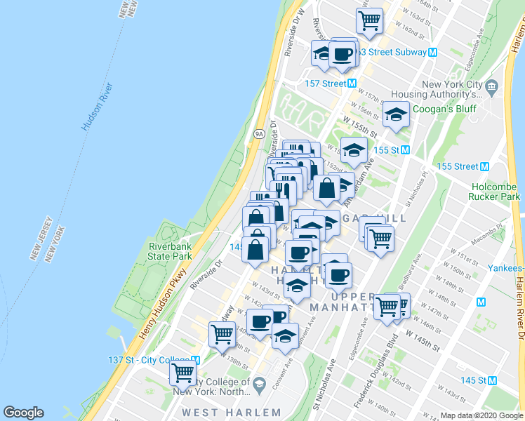 map of restaurants, bars, coffee shops, grocery stores, and more near 618 West 148th Street in New York