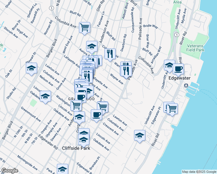 map of restaurants, bars, coffee shops, grocery stores, and more near 246 Franklin Avenue in Cliffside Park