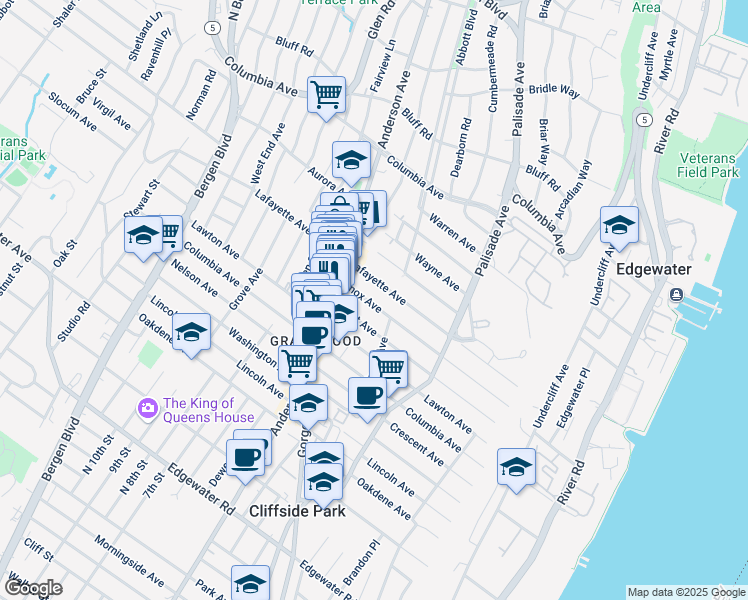 map of restaurants, bars, coffee shops, grocery stores, and more near 272 Lafayette Avenue in Cliffside Park