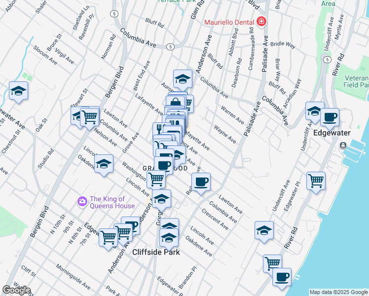 map of restaurants, bars, coffee shops, grocery stores, and more near in Cliffside Park