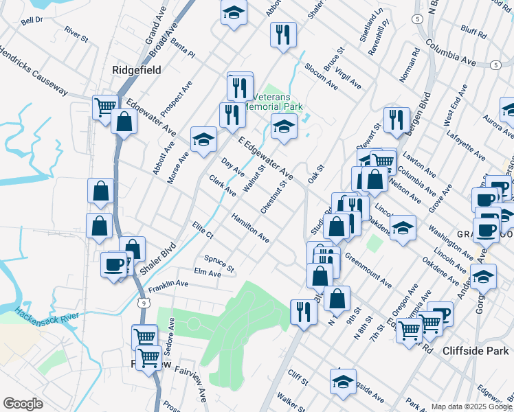 map of restaurants, bars, coffee shops, grocery stores, and more near 455 Chestnut Street in Ridgefield