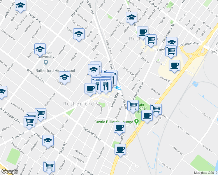 map of restaurants, bars, coffee shops, grocery stores, and more near 44 Park Avenue in Rutherford