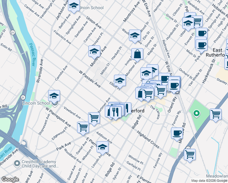 map of restaurants, bars, coffee shops, grocery stores, and more near 201 Mortimer Avenue in Rutherford