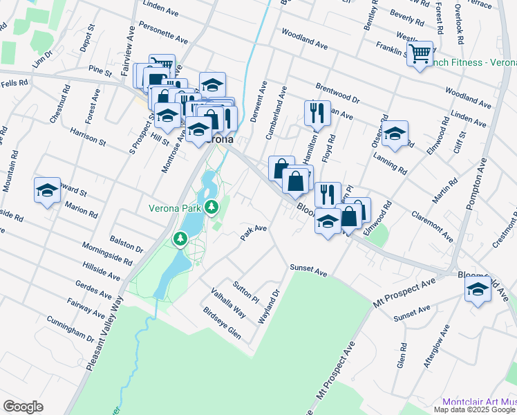 map of restaurants, bars, coffee shops, grocery stores, and more near 35 Verona Place in Verona
