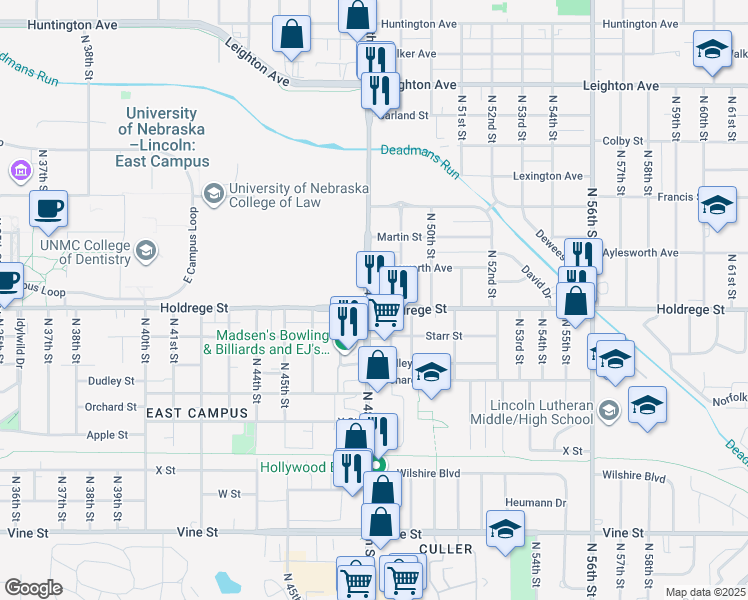 map of restaurants, bars, coffee shops, grocery stores, and more near 1448 North 48th Street in Lincoln