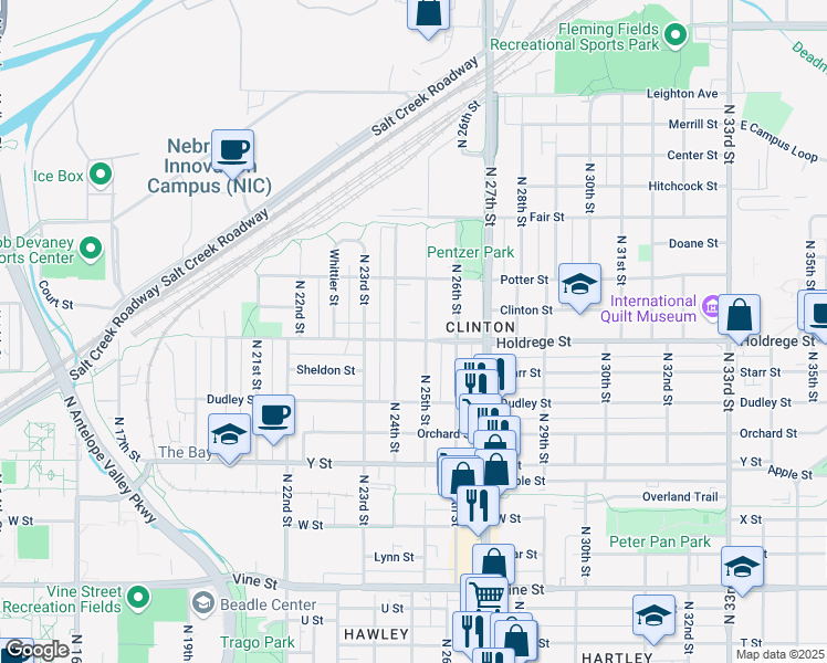 map of restaurants, bars, coffee shops, grocery stores, and more near 1520 North 24th Street in Lincoln