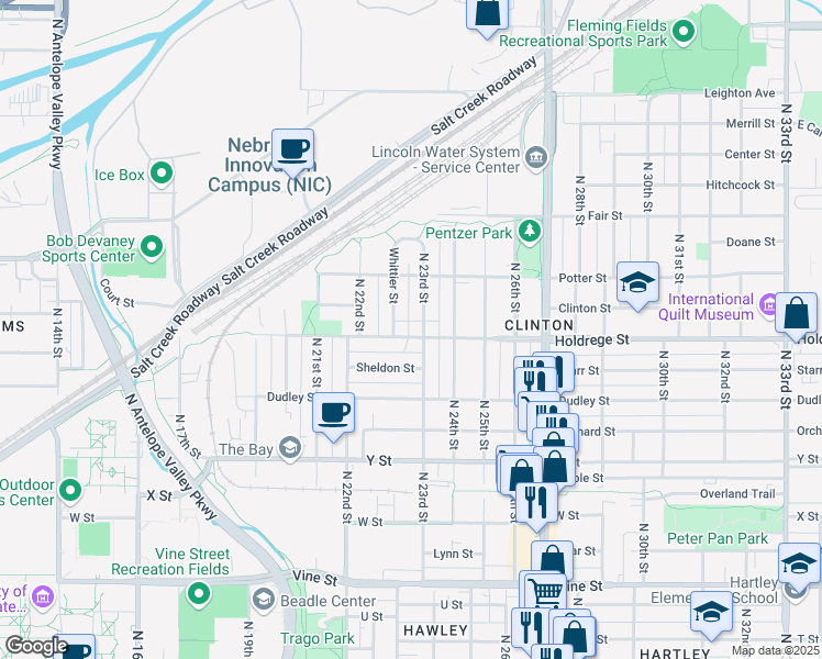 map of restaurants, bars, coffee shops, grocery stores, and more near 2302 Holdrege Street in Lincoln