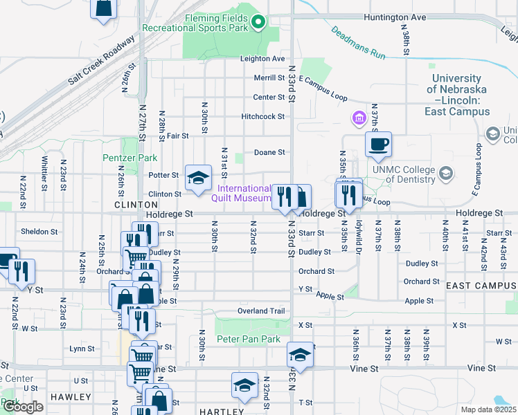 map of restaurants, bars, coffee shops, grocery stores, and more near 3232 Holdrege Street in Lincoln
