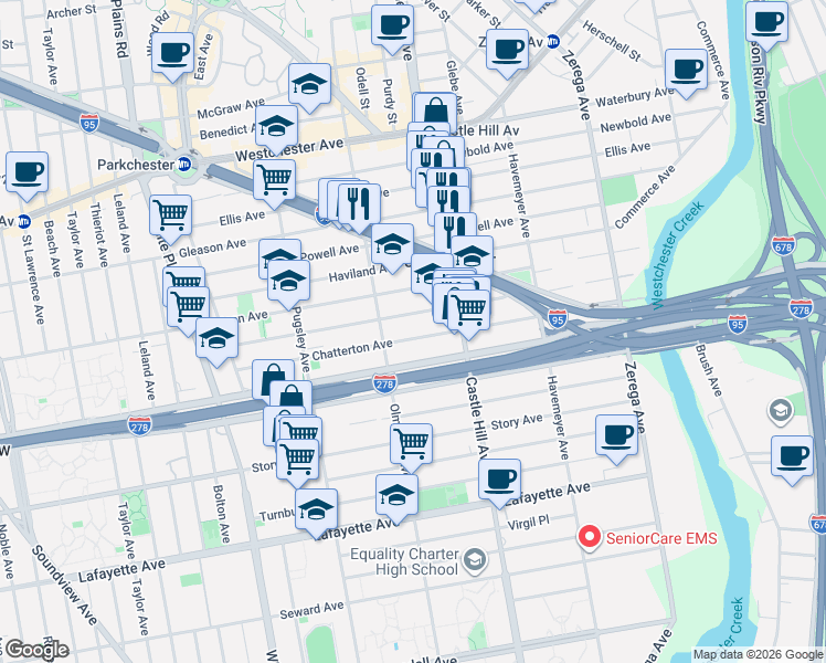 map of restaurants, bars, coffee shops, grocery stores, and more near 2122 Blackrock Avenue in The Bronx