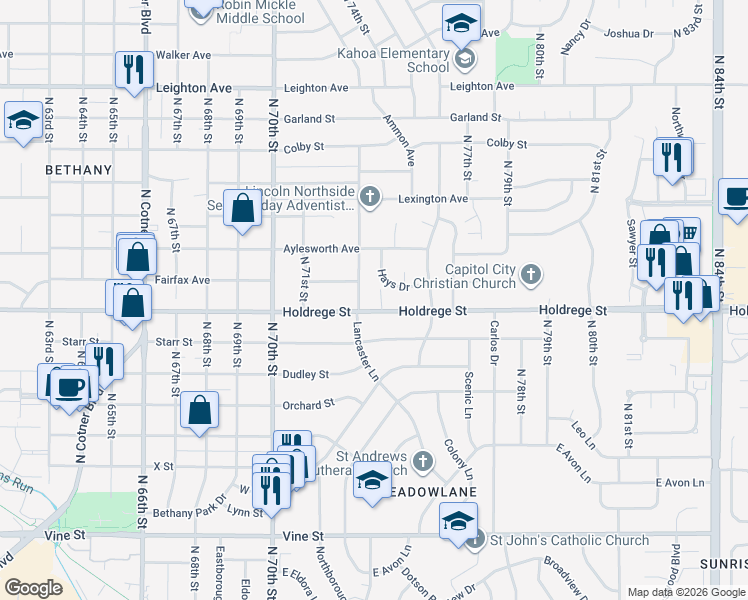 map of restaurants, bars, coffee shops, grocery stores, and more near 7300 Holdrege Street in Lincoln