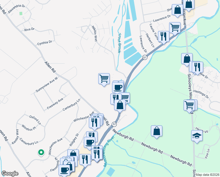 map of restaurants, bars, coffee shops, grocery stores, and more near 2045 New Jersey 57 in Hackettstown