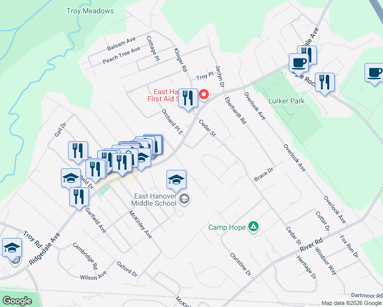 map of restaurants, bars, coffee shops, grocery stores, and more near 511 Ridgedale Avenue West in East Hanover