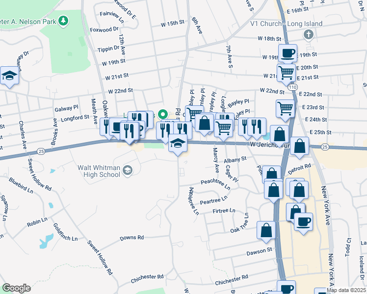 map of restaurants, bars, coffee shops, grocery stores, and more near 300 West Jericho Turnpike in Huntington Station