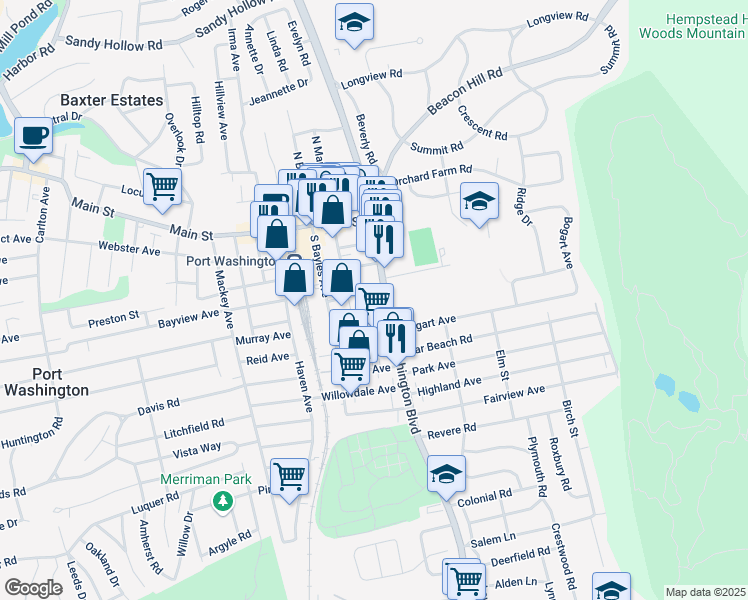 map of restaurants, bars, coffee shops, grocery stores, and more near 830 Port Washington Boulevard in Port Washington