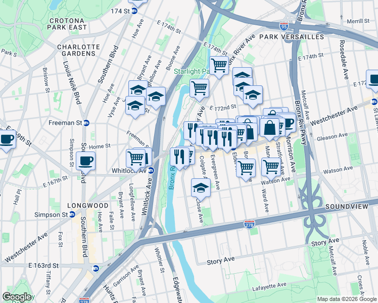 map of restaurants, bars, coffee shops, grocery stores, and more near Westchester Ave & Bronx River Ave in Bronx