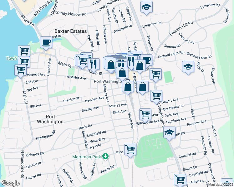 map of restaurants, bars, coffee shops, grocery stores, and more near 135 Bayview Avenue in Port Washington