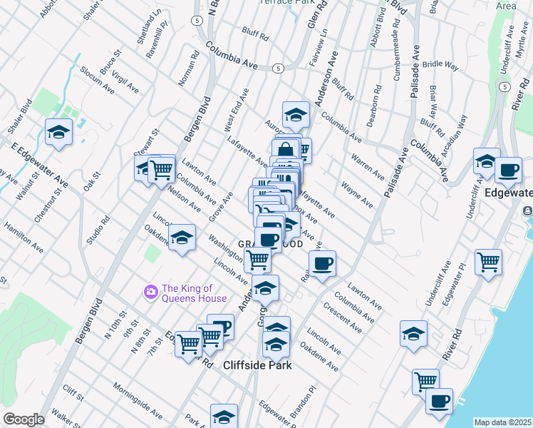 map of restaurants, bars, coffee shops, grocery stores, and more near 695 Anderson Avenue in Cliffside Park