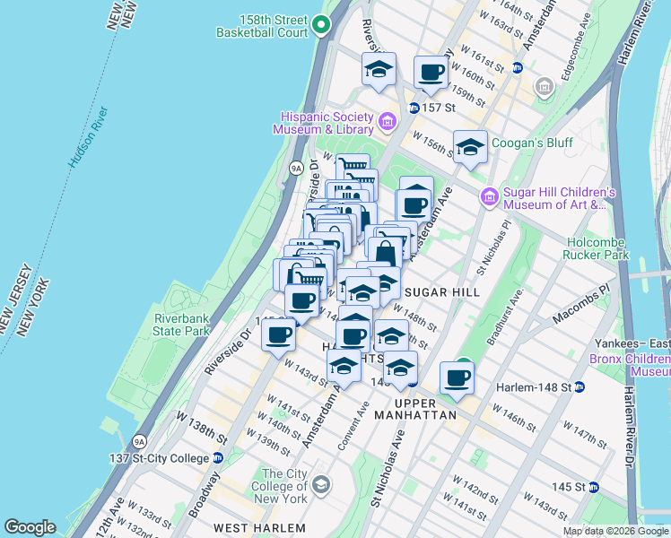 map of restaurants, bars, coffee shops, grocery stores, and more near 3600 Broadway in New York