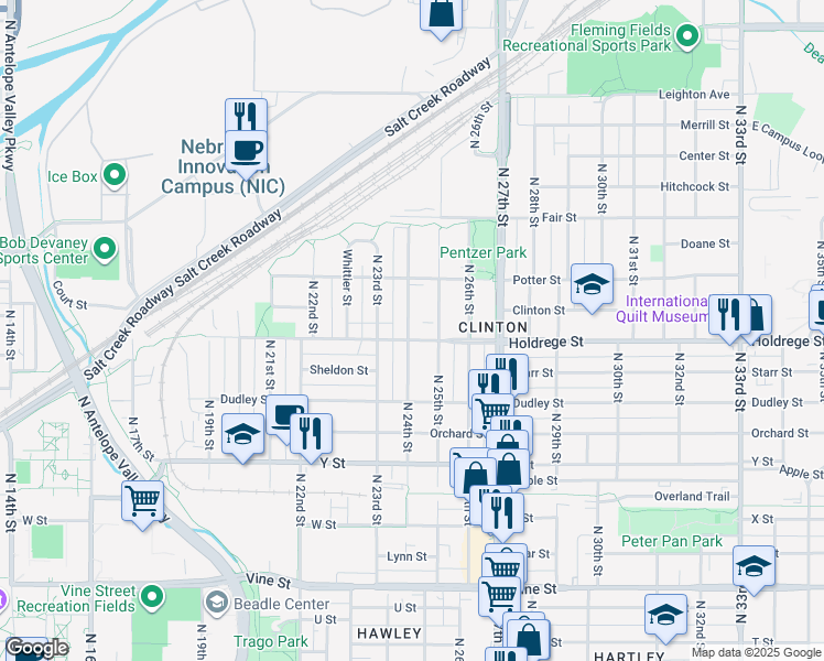 map of restaurants, bars, coffee shops, grocery stores, and more near 1520 North 24th Street in Lincoln